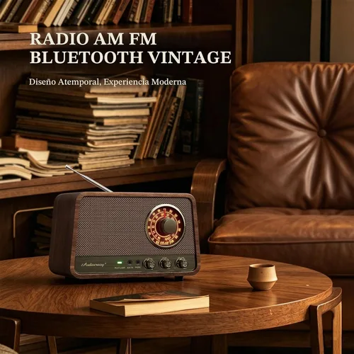 Vista 2 de Radio Bluetooth AM FM de madera vintage, sonido potente de 10 W