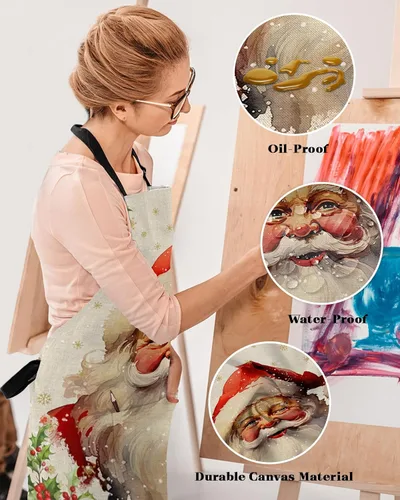 Vista 4 de Christmas Bib Aprons with Pockets Waterproof, Adjustable Apron for Men Women Xmas Santa Berry Botanical Winter Snowflake