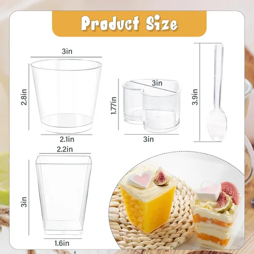 Vista 4 de Paquete de 360 tazas de postre de 5 onzas y 6 onzas con tapas y cucharas, 3 estilos de vasos de plástico transparente para aperitivos, desechables
