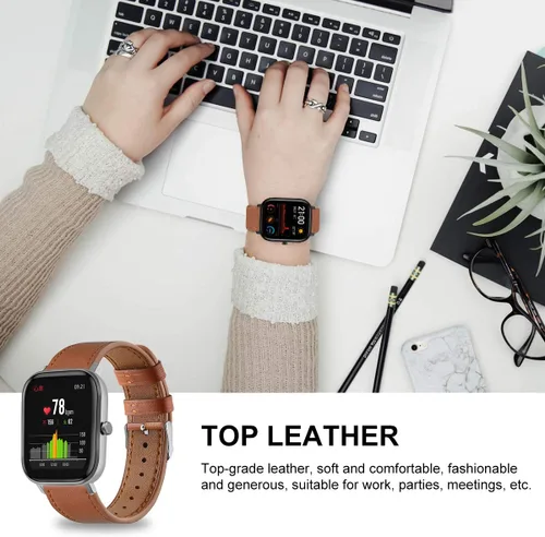 Vista 6 de Correa de reloj de cuero compatible con Amazfit Active 2/GTS 4 4mini 3 2 2e 2 mini >R 1.654 in y Bip 3/Bip 3 Pro/Bip U Pro/Bip/Bip Lite/Bip S/Bip S