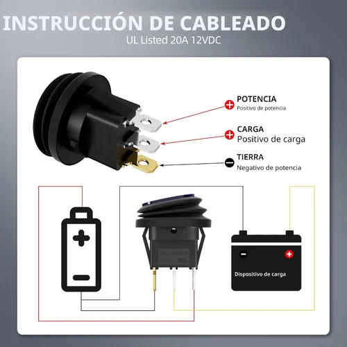 Vista 7 de DaierTek Interruptor basculante impermeable de 12 V y 20 A con luz LED azul, redondo, 3 pines, 12 voltios, palanca iluminada resistente a