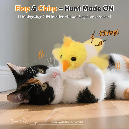 Vista 2 de Petbobi Juguetes para gatos, pájaro aleteante, juguete interactivo para gatos con alas aleteadoras y sonidos de chirrido, juguete recargable por USB