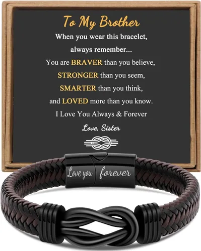 Vista 19 de Regalo para Hombres Pulsera Infinita para Hombres Papá Marido Novio Hijo Nieto Hermano Sobrino Tío Cuero Trenzado Marrón Siempre Unidos Acero