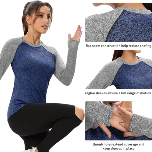 Vista 3 de Soneven Camiseta térmica de manga larga de forro polar para mujer, camiseta de entrenamiento que absorbe la humedad, con agujeros para el pulgar
