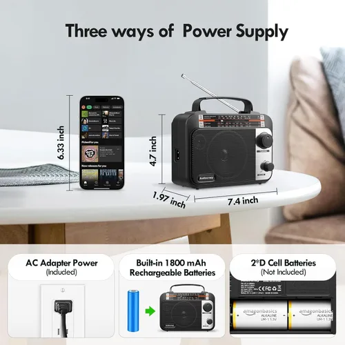 Vista 3 de Radio Transceptor de Bandas Múltiples AM/FM/SW1-2 con Funcionamiento por CA o Batería con la Mejor Recepción, Altavoz Grande y Botón de Negro