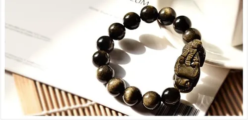 Vista 7 de Pulsera Feng Shui Pixiu Pulsera de dragón de la buena suerte Dije de piedra de energía natural de obsidiana dorada Joyería de pareja Obsidiana