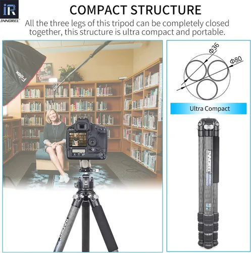 Vista 5 de INNOREL KT364C - Trípode compacto de fibra de carbono de 10 capas, 1.417 in, tubo grande, trípode de viaje profesional para videocámara digital