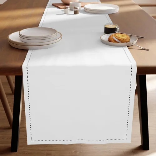 Vista 7 de Encasa XO Camino de mesa de comedor de 13 x 59 pulgadas, diseño de dobladillo de algodón puro, blanco, lavable a máquina