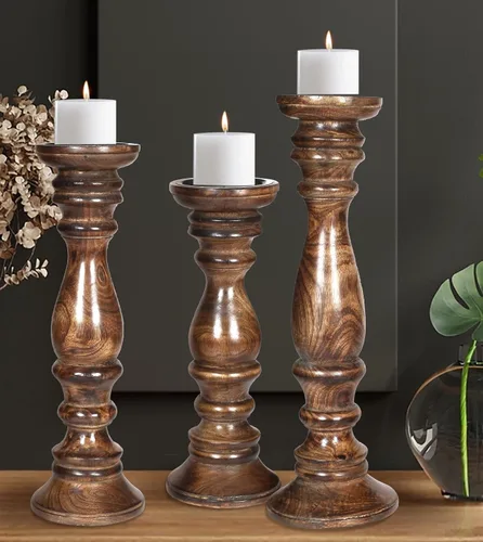 Vista 7 de Juego de 3 candelabros de pilar de madera de granja - Portavelas altos rústicos hechos a mano para decoración del hogar, centros de mesa, bodas