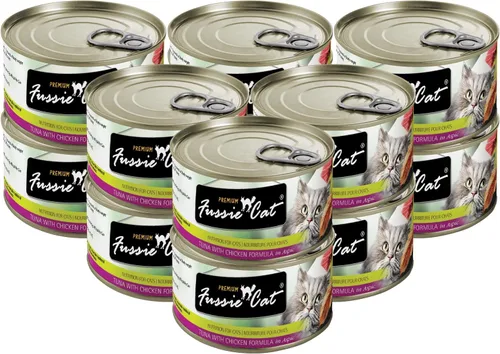Vista 10 de Fussie Cat Comida húmeda prémium de atún con pollo en Aspic sin granos para gatos, latas de 2.82 onzas, caja de 24 latas de atún con pollo en Aspic)