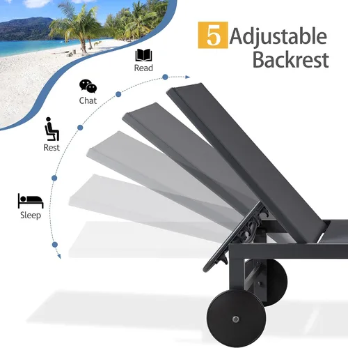 Vista 3 de QAQA - 2 tumbonas para exteriores con ruedas, silla de aluminio para patio con 5 posiciones ajustables para piscina, playa, patio, gris oscuro