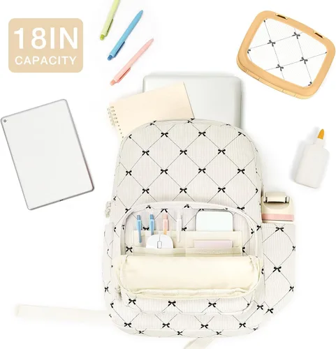 Vista 5 de mibasies Linda mochila escolar y de pana preppy para niñas Arco beige