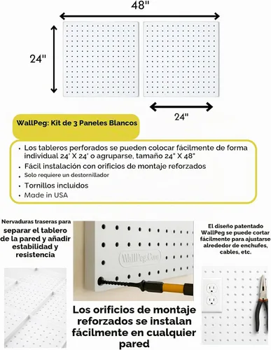 Vista 3 de WallPeg Kit de tablero de clavijas de plástico de 24 x 24 pulgadas (2, blanco)