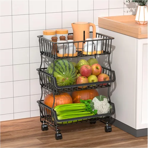 Vista 9 de Gsiekare Cesta de frutas y verduras para cocina, cestas de almacenamiento de 4 niveles apilables con ruedas, cestas organizadoras de almacenamiento