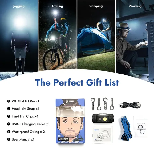 Vista 8 de WUBEN H1 Linterna frontal recargable por USB de 1200 lúmenes, faro LED 10 modos IP68 impermeable para senderismo, escalada, pesca, campamento