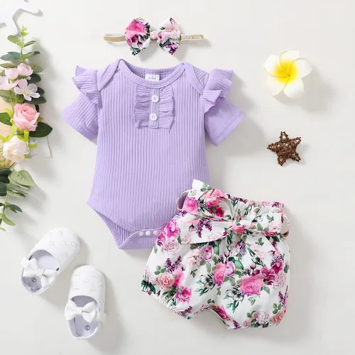 Vista 4 de Mioglrie Conjunto de ropa para bebé recién nacida, conjunto de pantalones cortos, lindos trajes de verano para bebés, ropa de bebé de algodón
