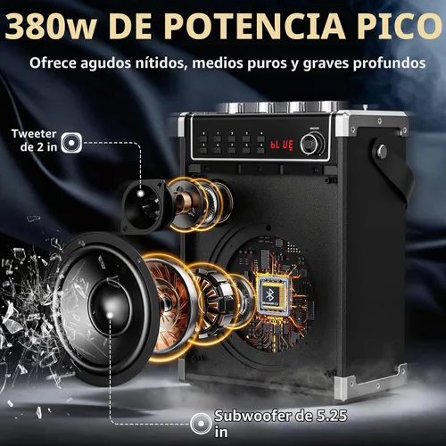 Vista 2 de JYX - Máquina de karaoke con 2 micrófonos inalámbricos, altavoz Bluetooth portátil con ajuste de graves/agudos y luz LED, compatible con TWS