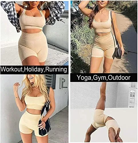 Vista 4 de TWFRHC - Conjuntos de entrenamiento para mujer con tirantes acanalados, 2 piezas, sin costuras, cintura alta, para gimnasio, pantalones cortos