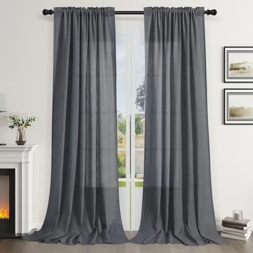 Vista 112 de Cortinas de lino verde aguamarina de 84 pulgadas de largo, juego de 2 paneles semitransparentes con bolsillo para barra para comedor, decoración