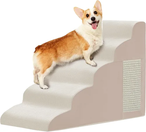 Vista 18 de Escaleras de perro para cama, escaleras para perros pequeños, rampa para perros de 2 peldaños para cama, sofá, sillón y sillas, diseño Beige
