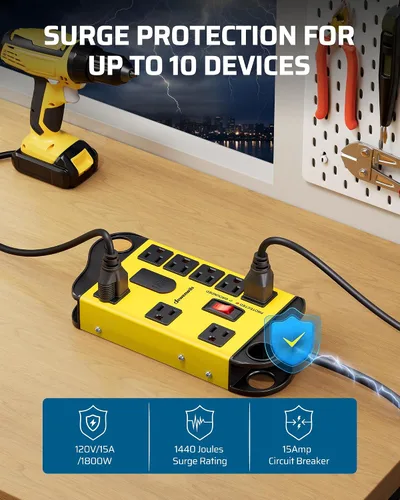 Vista 2 de Regleta industrial DEWENWILS con 2 USB, protector de sobretensiones de metal 6FT Heavy Duty Extension Cord, Wide Space 8 Outlet, 1440J, 14AWG