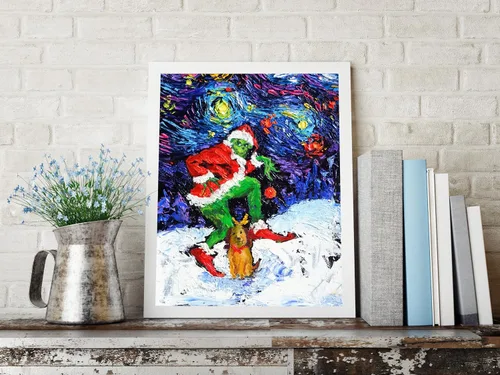 Vista 2 de Uhomate The Grinch - Pósteres de adornos navideños de Vincent Van Gogh, póster de noche estrellada para el hogar, lienzo para pared, decoración