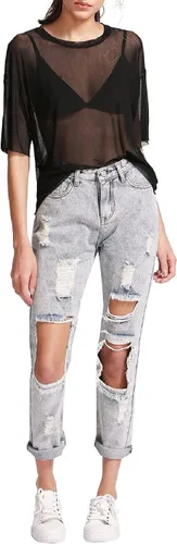 Vista 5 de MakeMeChic - Blusa de malla traslúcida y sexi de mangas cortas para mujer, ideal para el verano