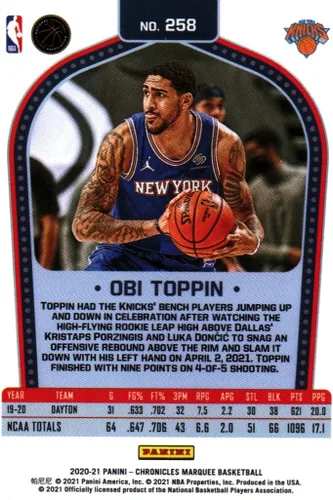 Vista 2 de Obi Toppin Panini Chronicles Marquee Pink Foil Collectible Rookie Basketball Card - 2021 Panini Chronicles Marquee Pink Foil Rookie Basketball Card