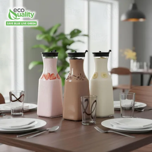Vista 6 de EcoQuality Jarra de agua de plástico transparente de 34 onzas con tapa superior abatible negra, botella de base cuadrada con boquilla para barra