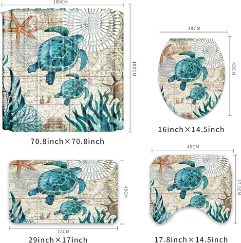 Vista 3 de Juegos de Baño Náutico Azul con Cortina de Ducha y Alfombras y Accesorios, Juegos de Cortina de Ducha de Tortuga Marina con 12 Ganchos, Juego