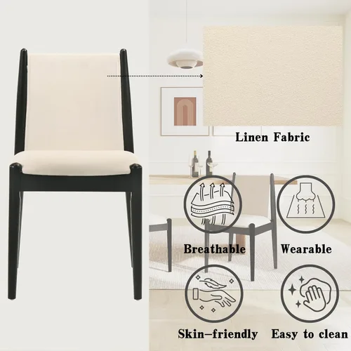 Vista 5 de DUOMAY Juego de 2 sillas de comedor modernas tapizadas de lino beige, sillas de madera sin brazos con cojín de asiento acolchado y marco resistente