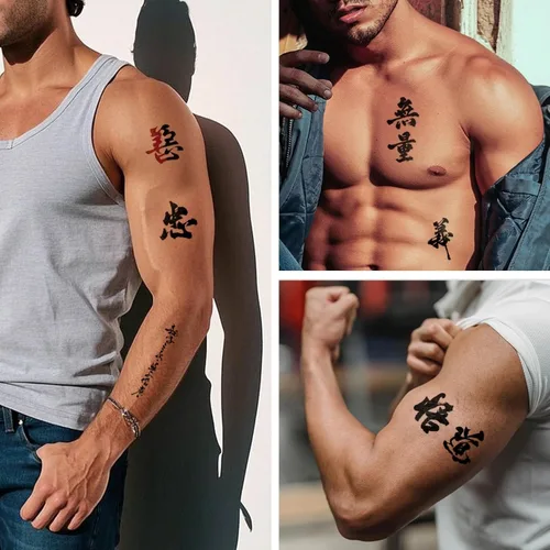 Vista 6 de Tatuajes temporales de personajes chinos, más de 50 diseños, tatuajes de letras negras de Pascua, palabra realista de larga duración, impermeable