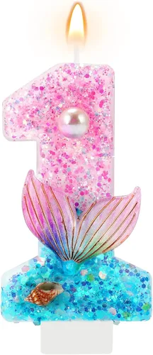 Vista 13 de Velas de cumpleaños, velas rosas y moradas del número 0 decoradas con caracolas, estrellas de mar y perlas para fiesta temática de sirena Morado