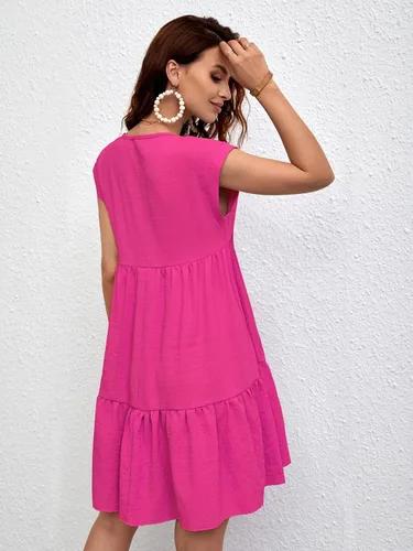Vista 2 de WDIRARA Vestido con cuello en V profundo y mangas casquillo texturizadas con dobladillo con volantes para mujer