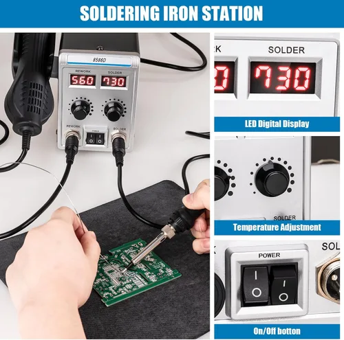 Vista 4 de 8586D Estación de soldadura 2 en 1, estación de retrabajo de aire caliente SMD, pantalla digital dual LED con pistola de calor y kit de soldadura