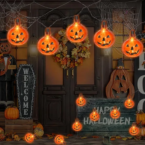 Vista 7 de Couah Guirnalda de luces LED de calabaza de Halloween, luces de linterna Jack O de 8.5 pies con 10 calabazas enchufables, impermeables