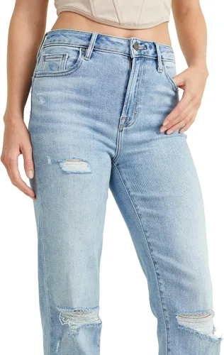 Vista 4 de ALTAR'D STATE Jeans de talle alto para mujer, mezclilla rasgada con cierre de cremallera, azul y negro