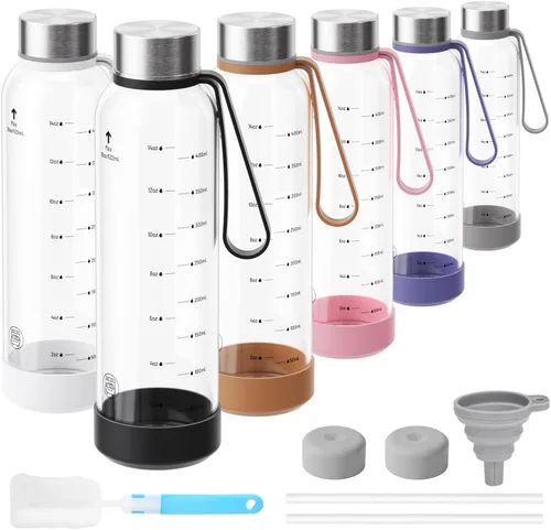 Vista 13 de Sursip Botellas de agua de vidrio de 18 onzas con tapas, botellas de jugo, botella de jugo de vidrio transparente para exprimir, botellas de jugo