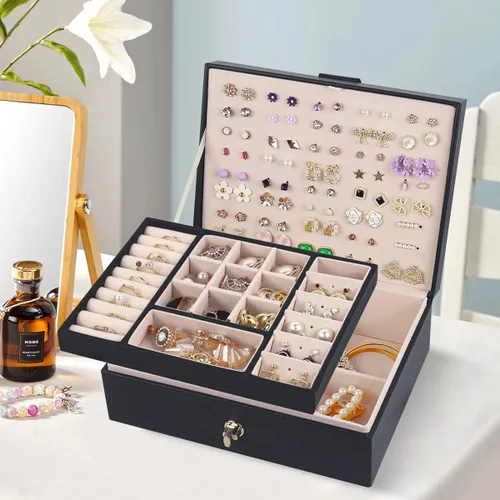 Vista 6 de Joyero organizador para mujer, organizador de aretes, cajas de almacenamiento de joyas multicapa, regalo ideal, aretes de piel sintética, caja