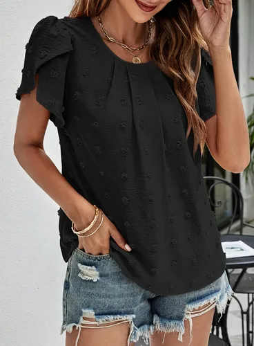 Vista 5 de Beaully Blusas de verano para mujer, estilo bohemio, de manga corta, cuello redondo, encaje de ganchillo, blusas de gasa