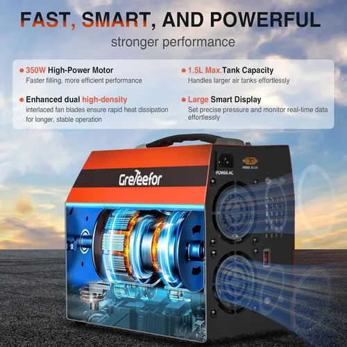 Vista 2 de Compresor de aire PCP 4500 PSI / 30 MPa, motor de 350 W, pantalla LCD, parada automática, sin agua/aceite, adaptador integrado de 600 W, 12 V CC