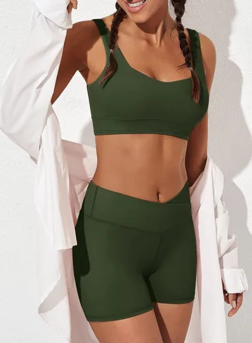 Vista 7 de Aleumdr Trajes de dos piezas para mujer, trajes de entrenamiento, brasier deportivo con pantalones cortos de yoga cruzados