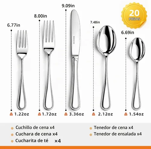 Vista 6 de NICE KITCHEN Juego de cubiertos para 4, 20 piezas de cubiertos de acero inoxidable premium, juego de cubiertos pulido espejo, juego de cubiertos