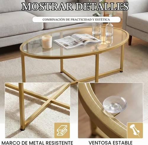 Vista 6 de Wolawu Mesa de centro ovalada dorada de vidrio para sala de estar, mesas de té modernas con marco de metal dorado para espacios pequeños, mesa