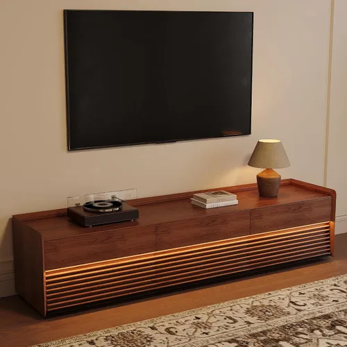 Vista 12 de POVISON Soporte de TV moderno de mediados de siglo totalmente ensamblado con luces LED ajustables, consola multimedia de madera, centro