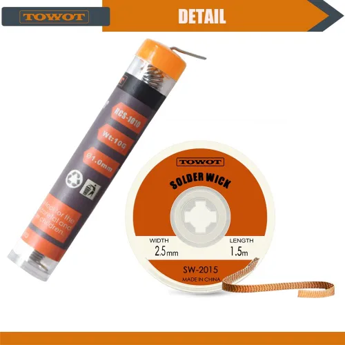 Vista 3 de TOWOT Mecha de soldadura, alambre de soldadura y succionador de soldadura utilizados para remover la soldadura y desensamblar componentes