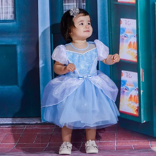 Vista 5 de Baby Girl Princess Costume Blue Toddler Fancy Dress up Clothes Cotton Romper for Birthday Halloween Party