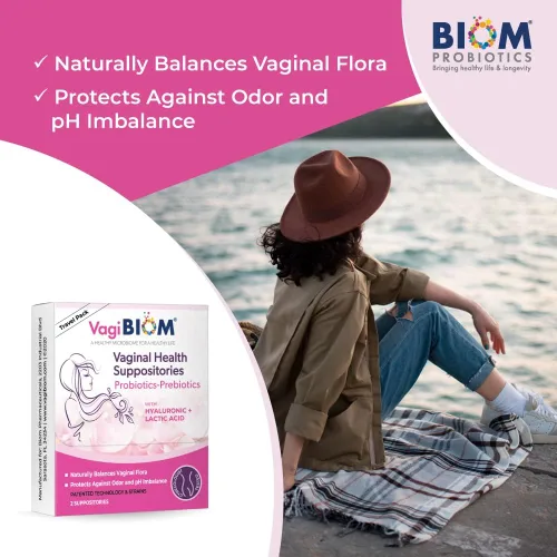 Vista 5 de VagiBiom Probioitc Suppository Práctico paquete de viaje con 2 supositorios: equilibrio de flora de microbioma. Régimen de control de olores