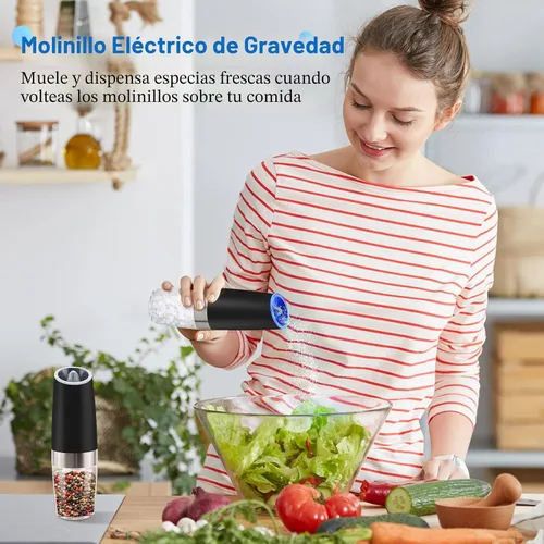 Vista 7 de Gravity - Juego de molinillo eléctrico de sal y pimienta, funciona con pilas, luz LED con una sola mano, molinillos de grosor ajustable, agitadores