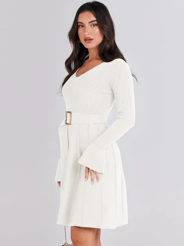 Vista 8 de ANRABESS Vestido tipo suéter de manga larga con cuello en V y lazo en la cintura, plisado, acampanado, elegante, de punto acanalado, vestido midi